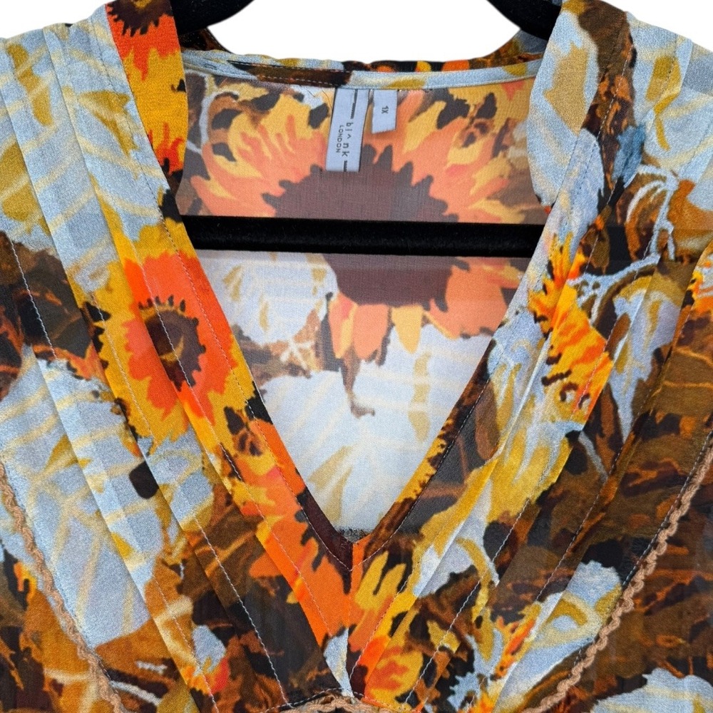 Blank London Floral Sunflowers Print Long Sleeve V Neck Sheer Blouse Top Size 1X - Picture 8 of 16